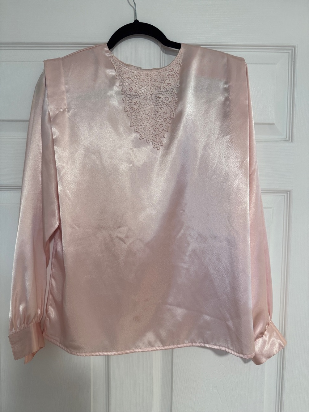 Vintage Notations Soft Pink Satin Blouse with Lace Detail